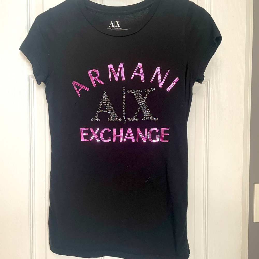 A/X Armani Exchange black knit tee with sequin & beaded embellishments. Size S.